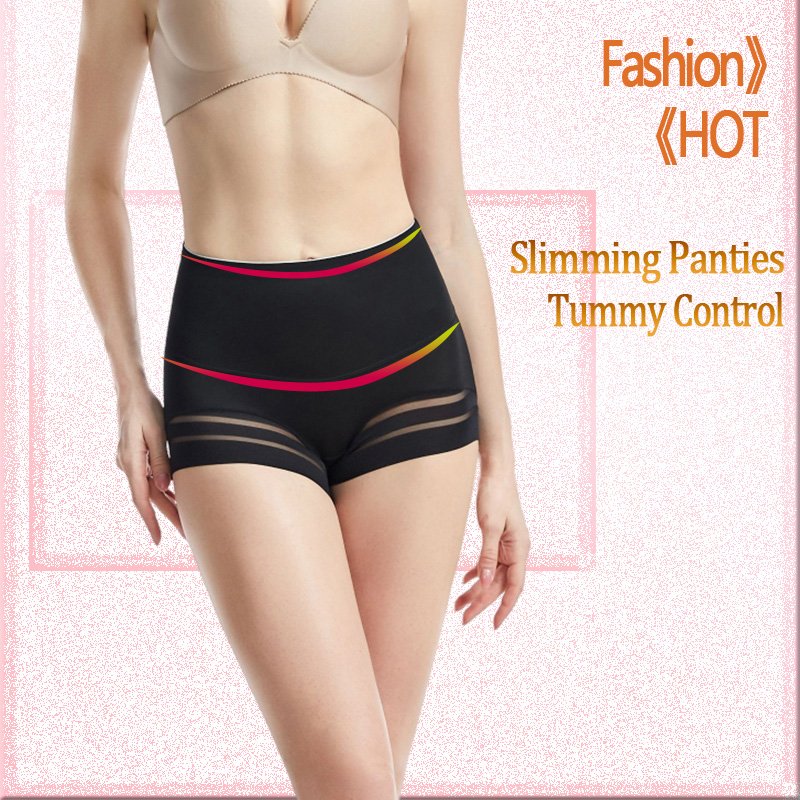 Popular Women Tummy Control Briefs Stripe Lace Mid-Rise Underwear Plus Size Control Shapewear Panties Icesilk Girdle Butt Lifter