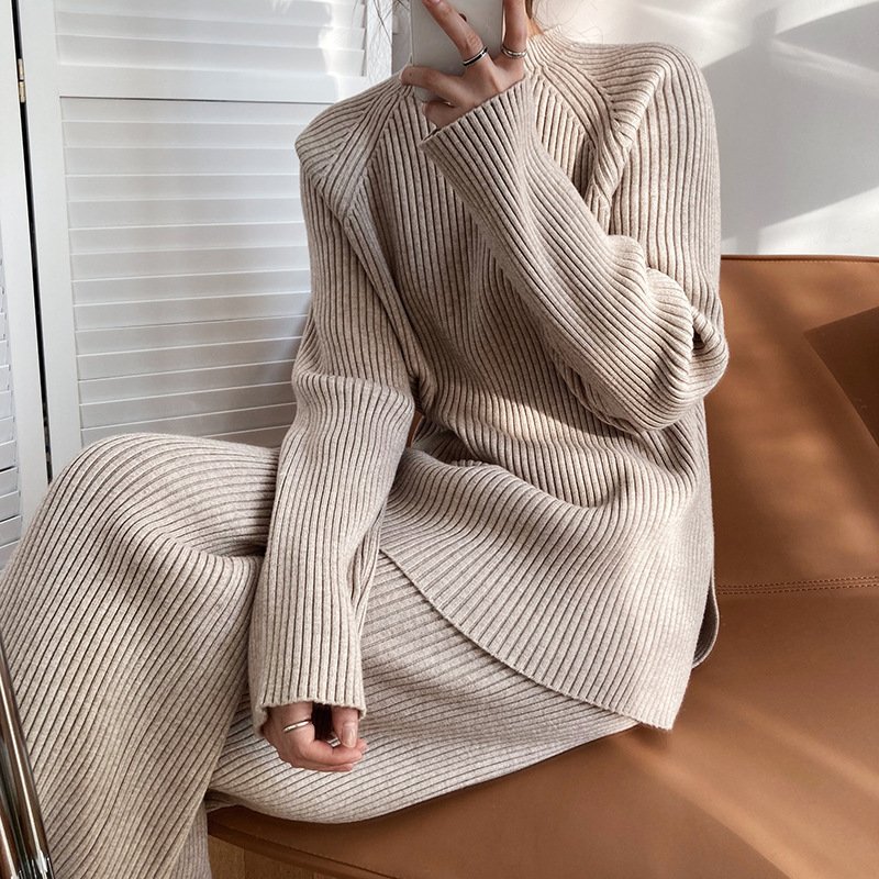 High quality cashmere cozy knit wide leg pants set knit ribbed sweater set 2 piece wool kitted set for women