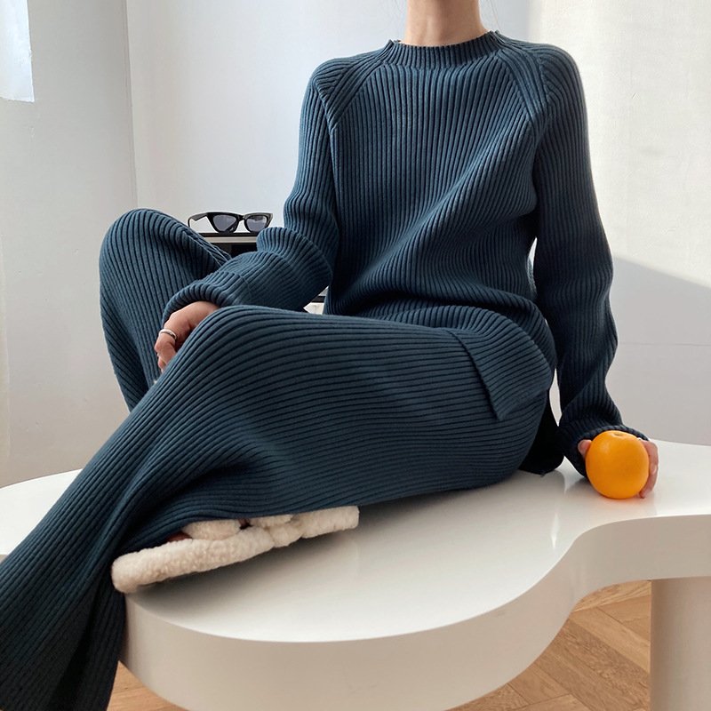 High quality cashmere cozy knit wide leg pants set knit ribbed sweater set 2 piece wool kitted set for women