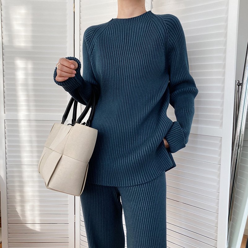 High quality cashmere cozy knit wide leg pants set knit ribbed sweater set 2 piece wool kitted set for women