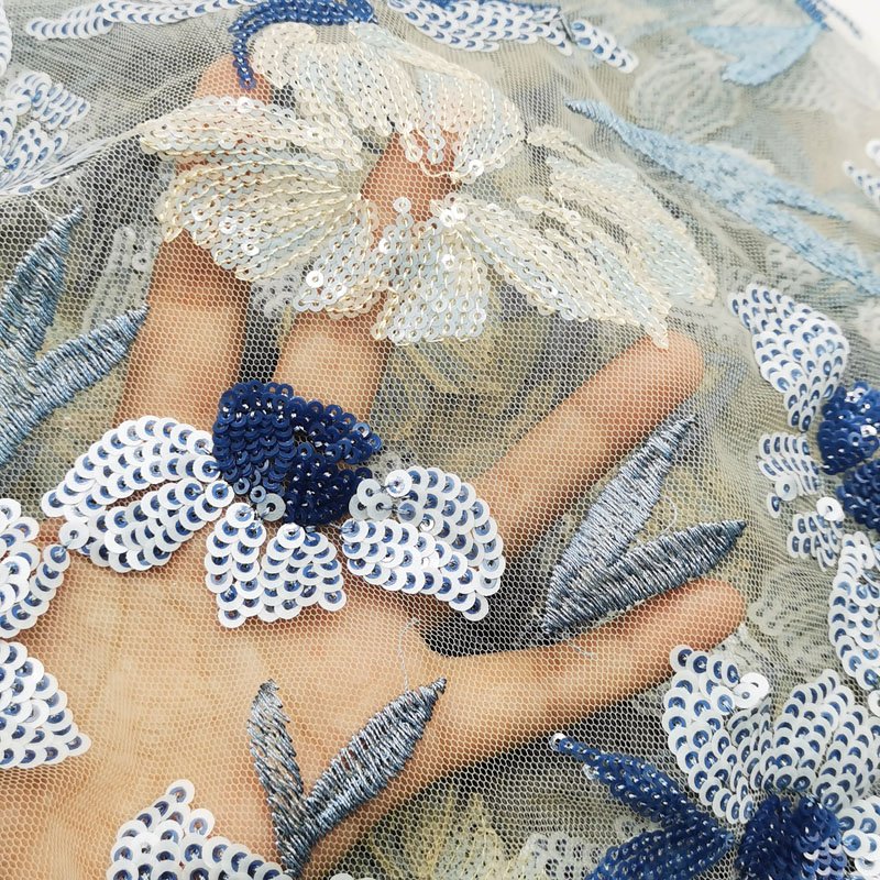 Blue Flower Tulle Lace Fabric Bridal Material Flower Embroidery Sequins Embroidery Fabric for wedding party dress