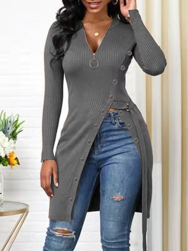 2024 autumn and winter women's V-neck with zipper long-sleeved high-split long sweater dress