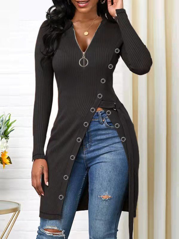 2024 autumn and winter women's V-neck with zipper long-sleeved high-split long sweater dress
