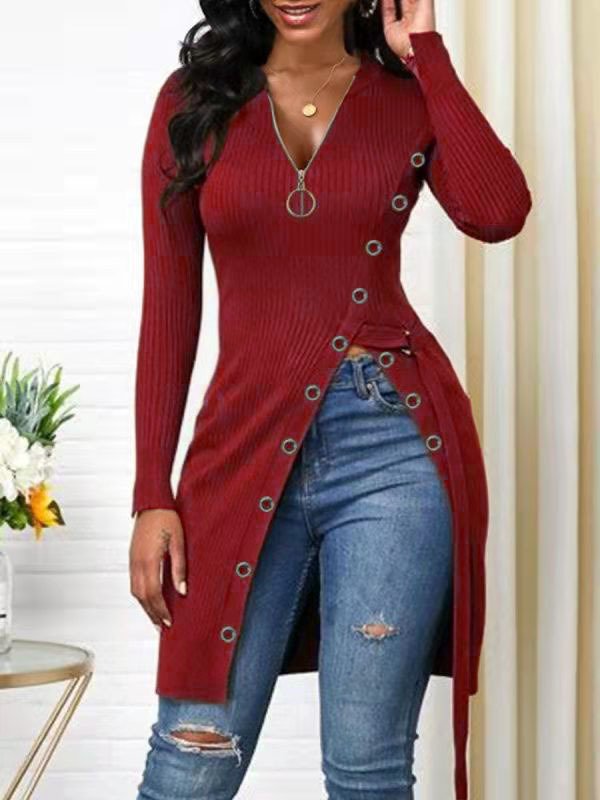 2024 autumn and winter women's V-neck with zipper long-sleeved high-split long sweater dress