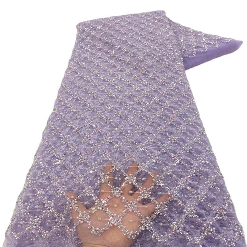 High Quality rhombic shaped grid sequin beaded Embroidery Lace Fabric pure color Lace Border For Bridal Wedding Dress