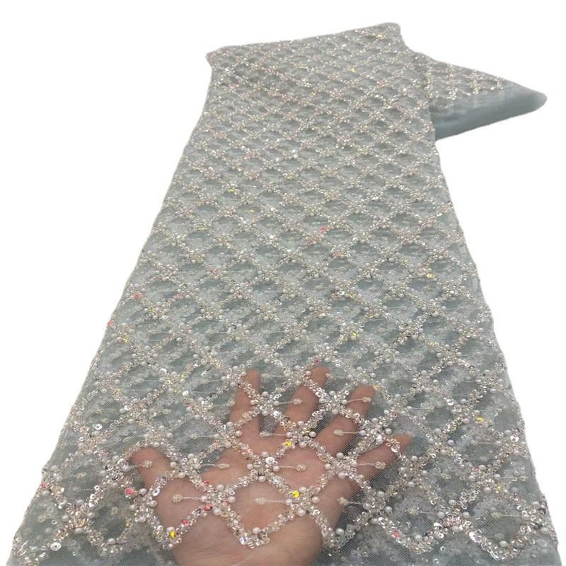 High Quality rhombic shaped grid sequin beaded Embroidery Lace Fabric pure color Lace Border For Bridal Wedding Dress