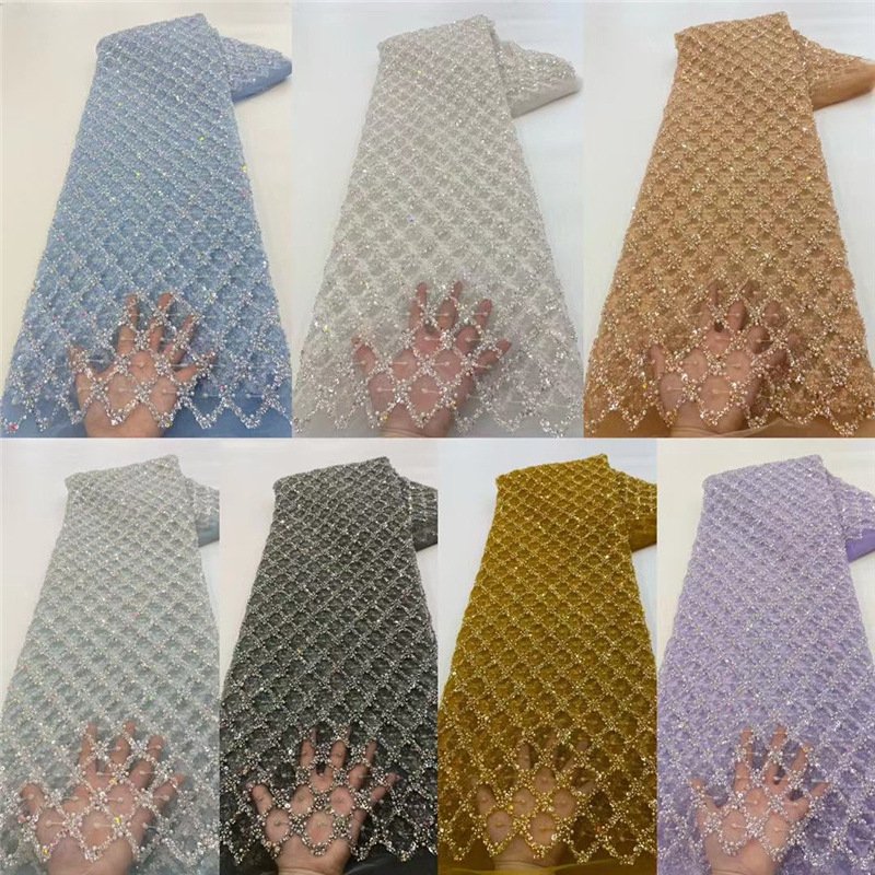 High Quality rhombic shaped grid sequin beaded Embroidery Lace Fabric pure color Lace Border For Bridal Wedding Dress