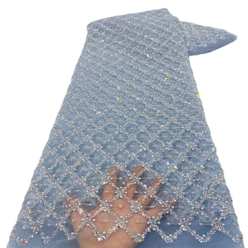 High Quality rhombic shaped grid sequin beaded Embroidery Lace Fabric pure color Lace Border For Bridal Wedding Dress
