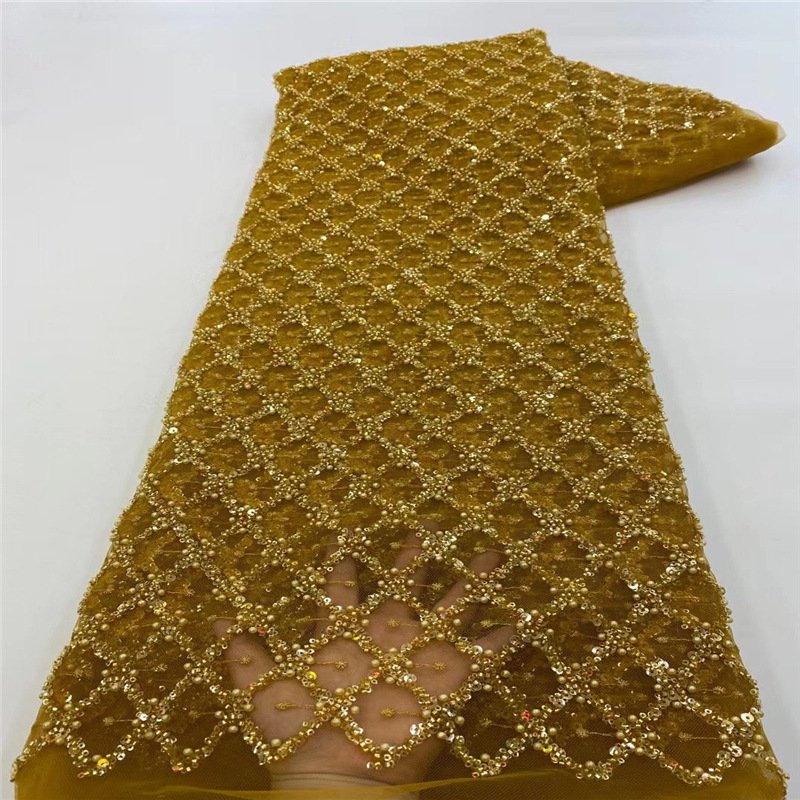 High Quality rhombic shaped grid sequin beaded Embroidery Lace Fabric pure color Lace Border For Bridal Wedding Dress