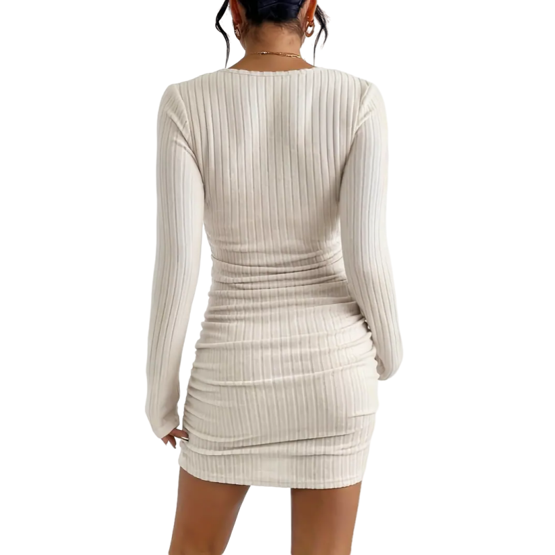Frenchy Women's Slim Fit Casual Mini Dress V-Neck Bodycon with Solid Ribbed Knit Long Sleeves Crewneck Pullover Autumn Spring