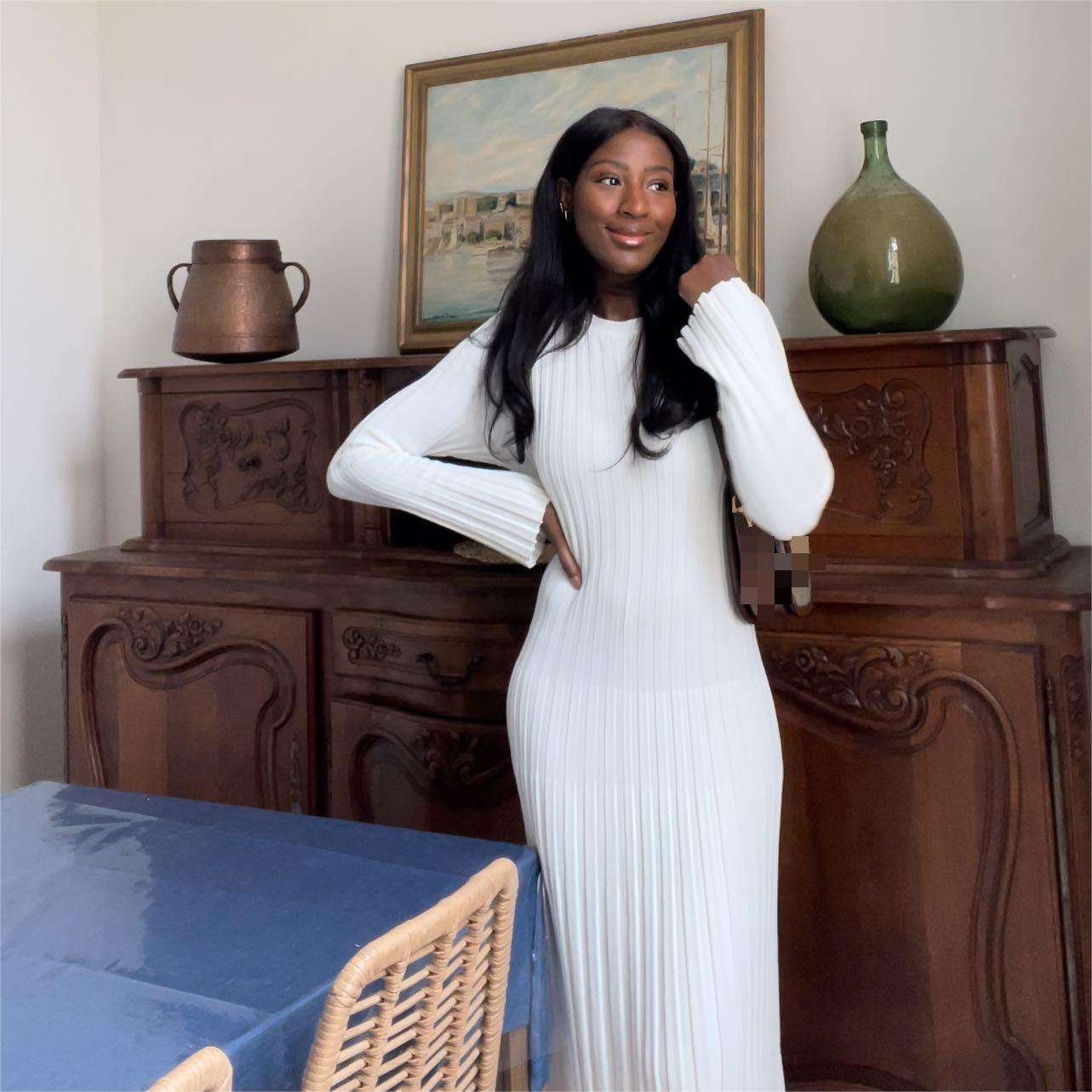 Hot Selling Fashion Ribbed Dress Flare Sleeve Crew Neck Sweater Slim Fit Knit Maxi Dress Women