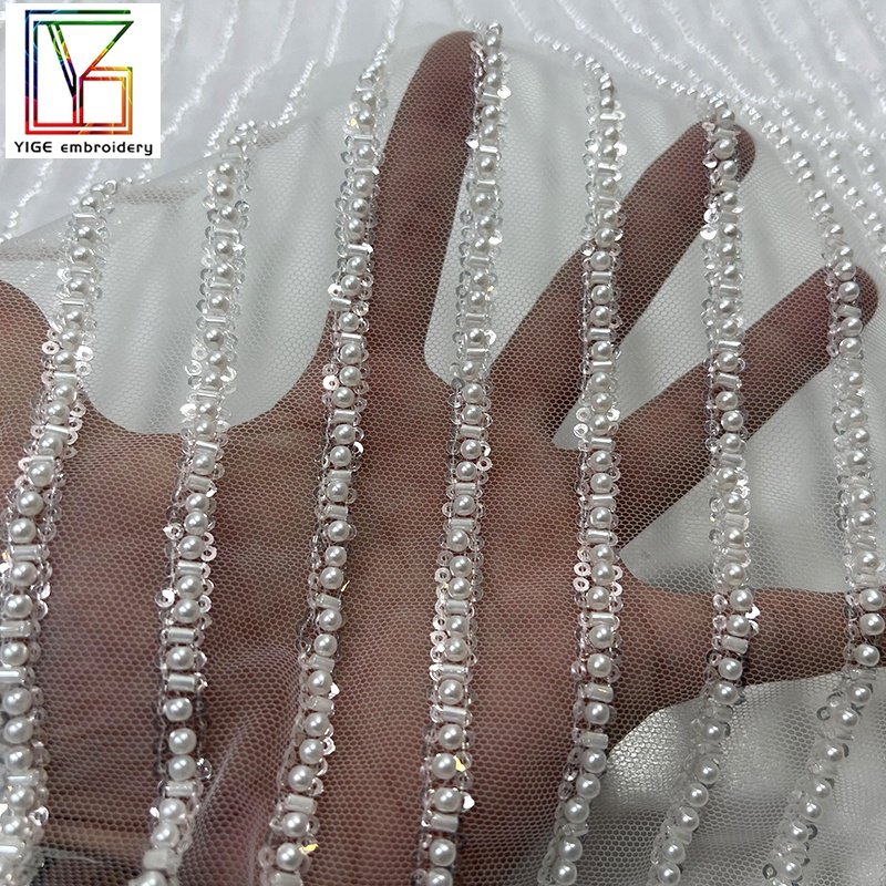 2023 Exclusive new french white luxury wedding 3d beaded lace crystal sequins Tulle Mesh Embroidery bridal lace dress fabric