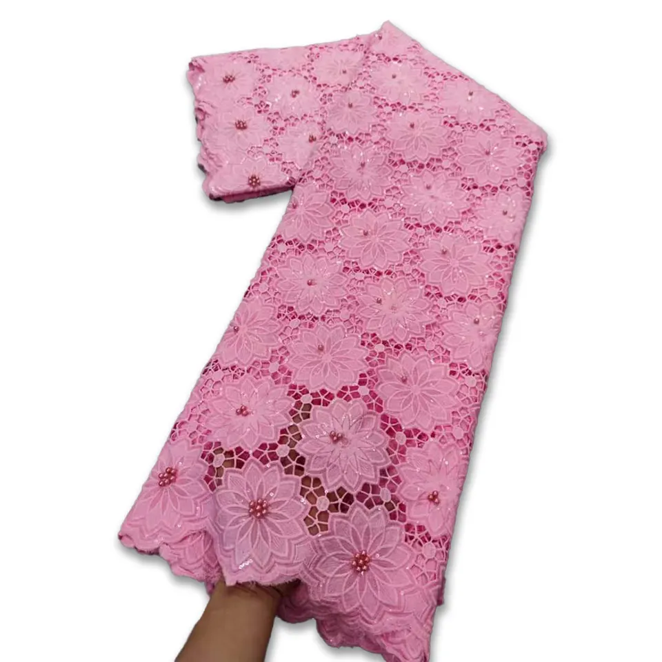 Popular Nigeria cotton voile dantelle lace tulle embroidery hollow out border lace pattern guipure lace fabric