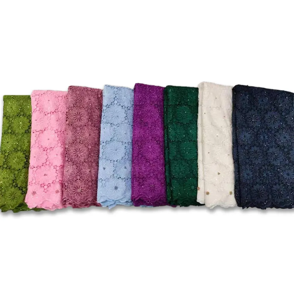 Popular Nigeria cotton voile dantelle lace tulle embroidery hollow out border lace pattern guipure lace fabric