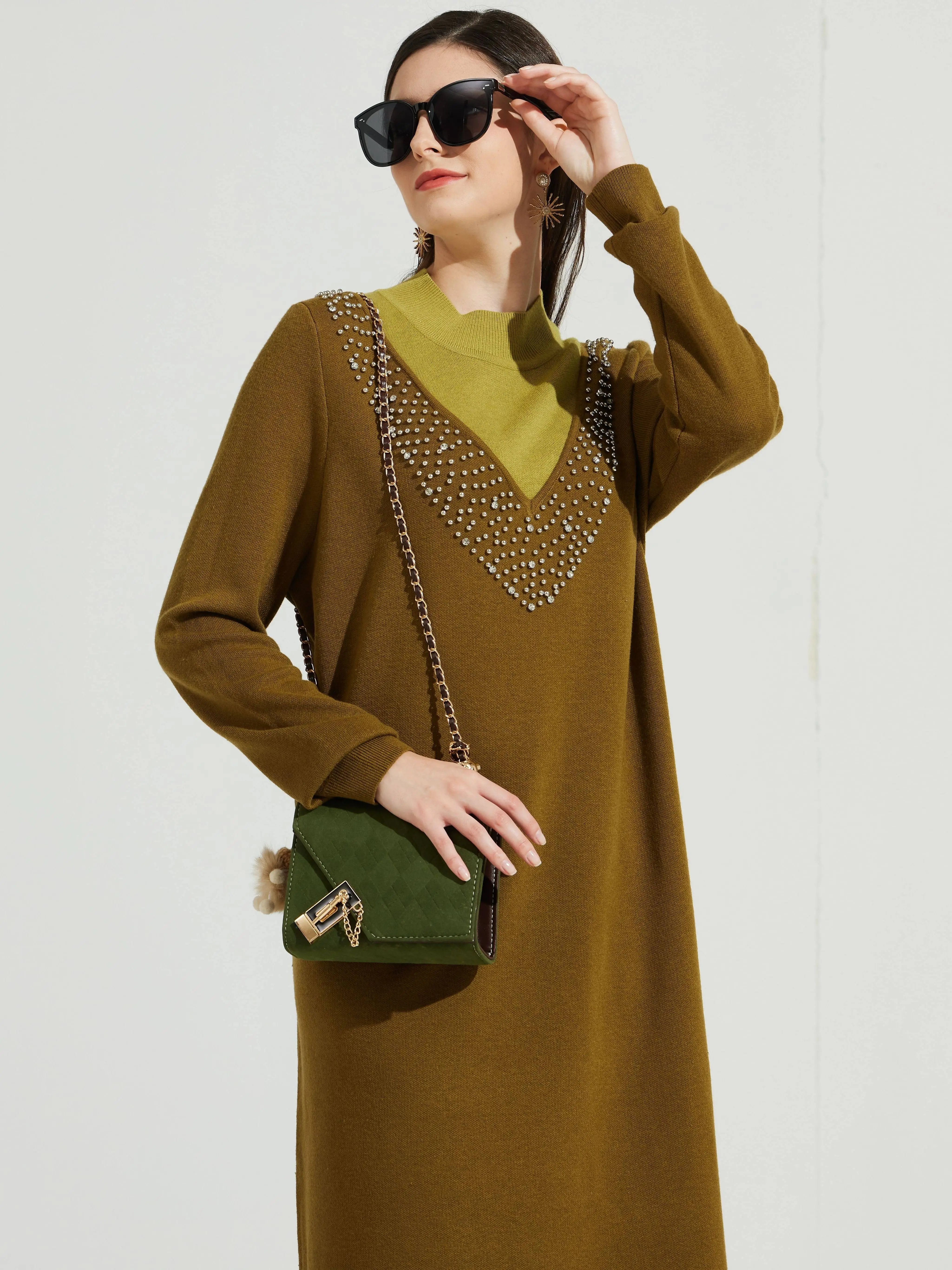 Professional Factory Belted Ribbed Sweater Dress Patterned Wool Maxi With Embroidered Detail