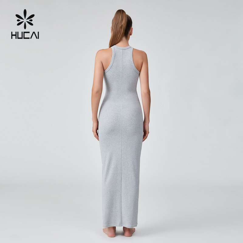 HUCAI Custom Logo Womens breathable sexy cotton Spandex high strech ribbed tight fit curved Bodycon maxi Sleeveless Dress