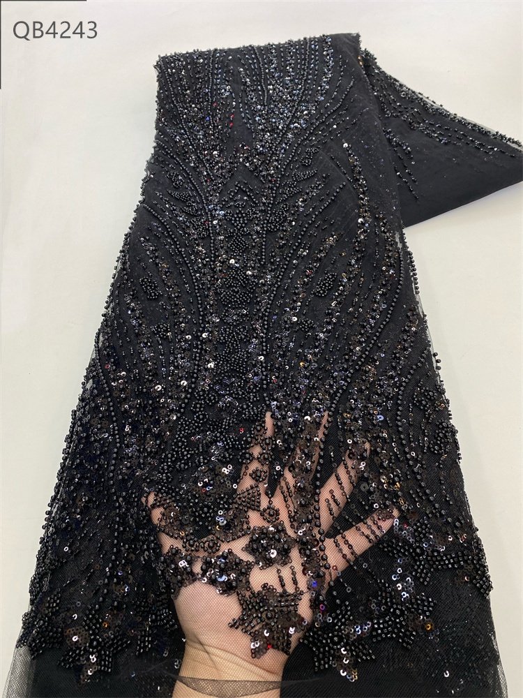 High-end Embroidery Tulle Luxury beaded lace fabric gold beaded and sequins embroidery fabric for dress