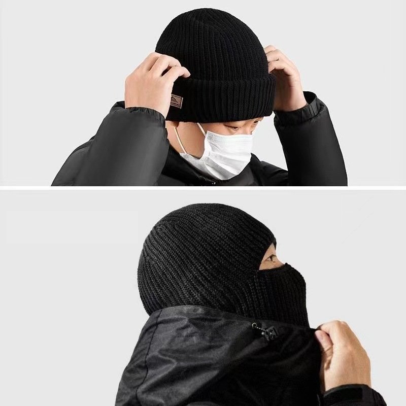 High Quality Trendy Cool Streetwear Ribbed Blank Warm Winter Caps Hats Balaclava Mask Knitted Beanie Hat With Custom Logo