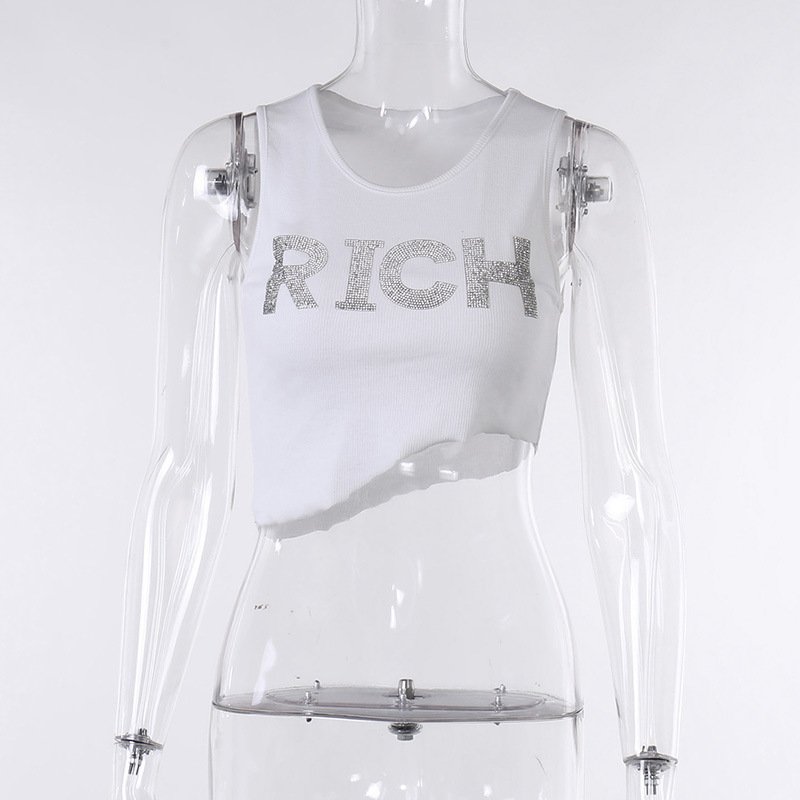 Think 2023 New Summer Ladies Sleeveless Vest Streetwear Ribbed Crop Top Hot Drilling Design Women's Tank Top
