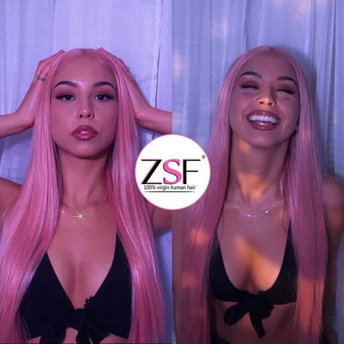 ZSF Human Hair Wig Wholesale Pink Color Silky Straight 13*4 Lace Frontal Wig Brazilian Unprocessed Virgin Hair For Black Women