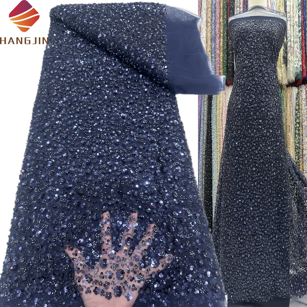 Navy Blue Beads Net Lace Wedding Dress Fabric Luxury Full Beaded and Sequins Lace Fabrics for Women Elegant Dresses