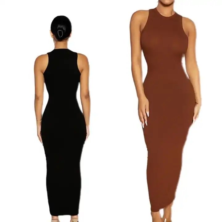 2023 brown blank ribbed sleeveless tank top long maxi dress ladies summer lounge prom dresses women clothing wholesale bulk