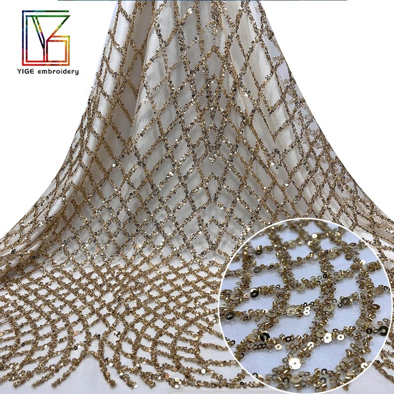 Fashion Gold beads lace embroidery net fabrics with sequins for party dress