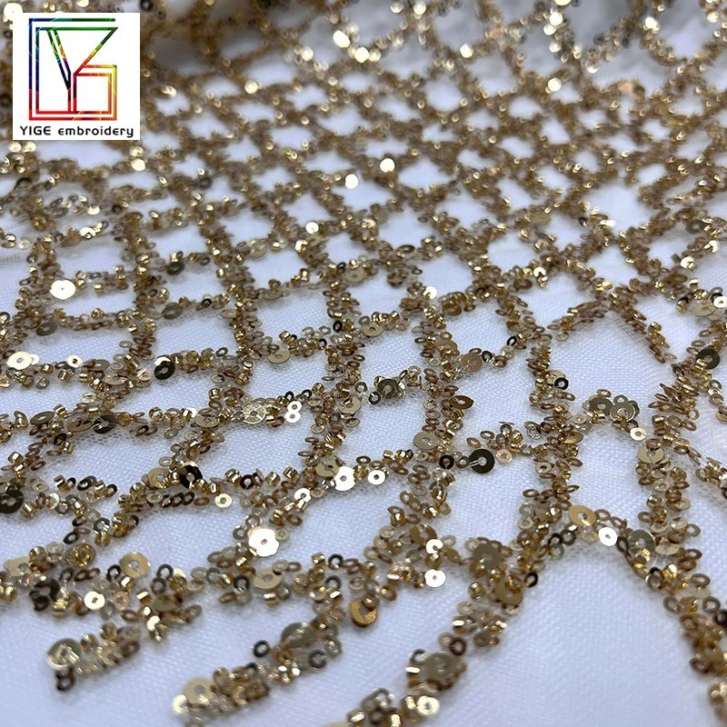 Fashion Gold beads lace embroidery net fabrics with sequins for party dress