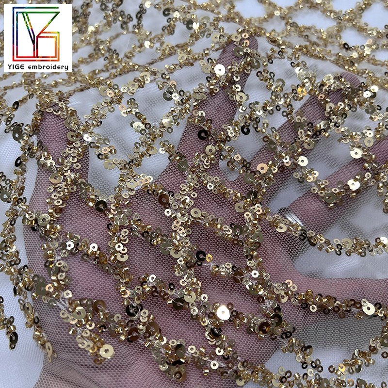 Fashion Gold beads lace embroidery net fabrics with sequins for party dress
