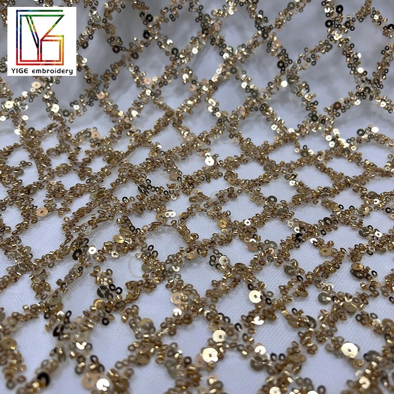 Fashion Gold beads lace embroidery net fabrics with sequins for party dress