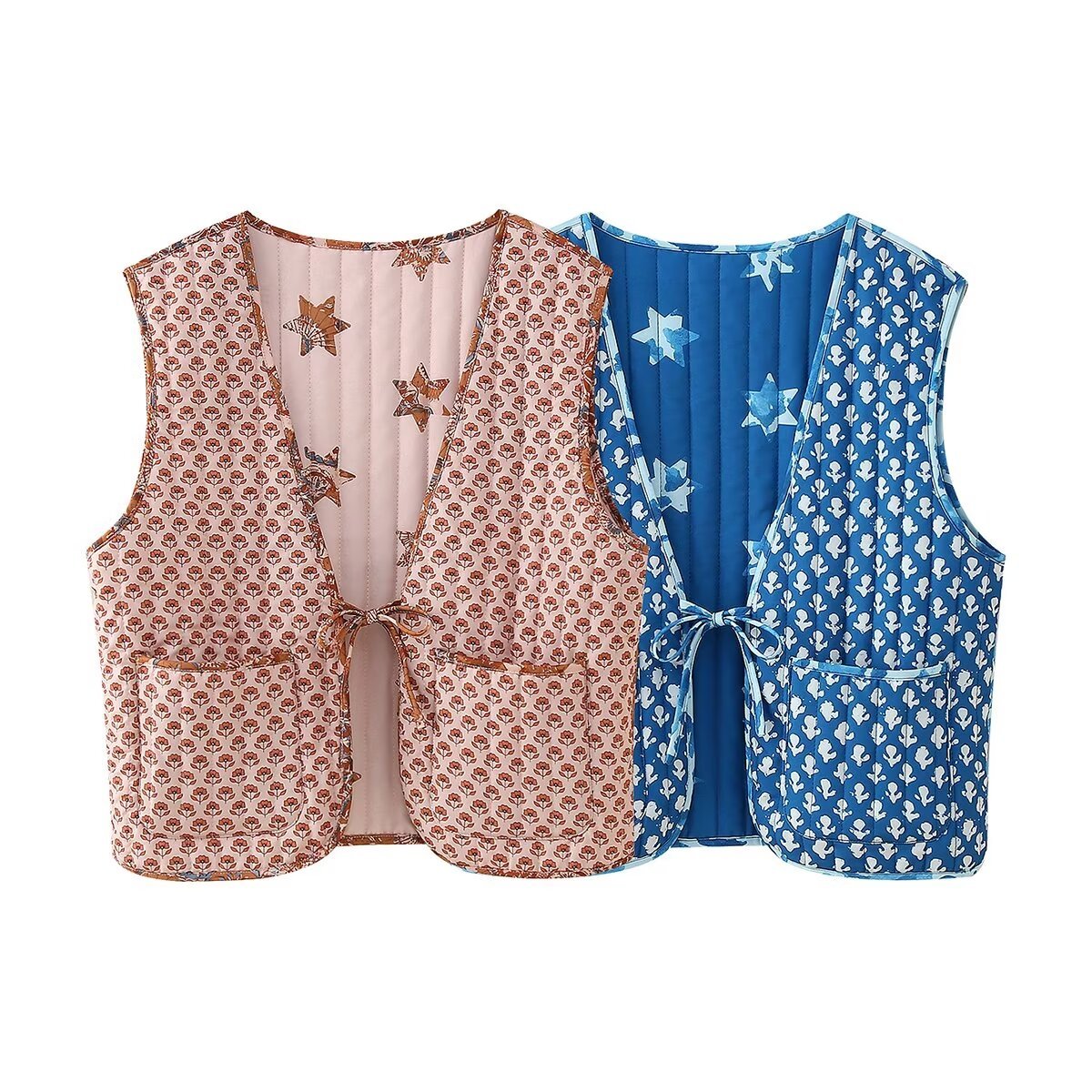 TRAFZA Double Sided Print Solid Lace Up V-neck Women Vest Sleeveless Pocket Retro Versatile Cardigan New Fashion Short Waistcoat