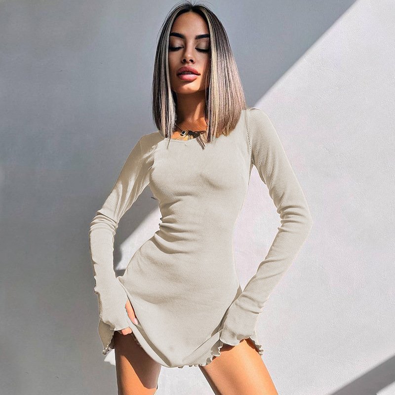 Crew neck long sleeve sexy rib knit slim y2k bondage mini dress for women