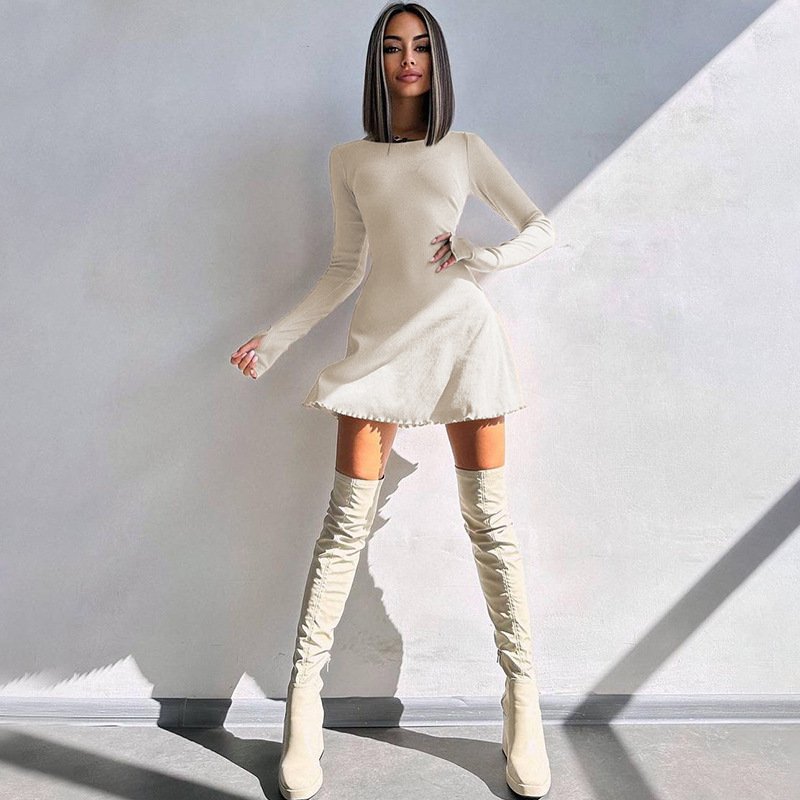 Crew neck long sleeve sexy rib knit slim y2k bondage mini dress for women
