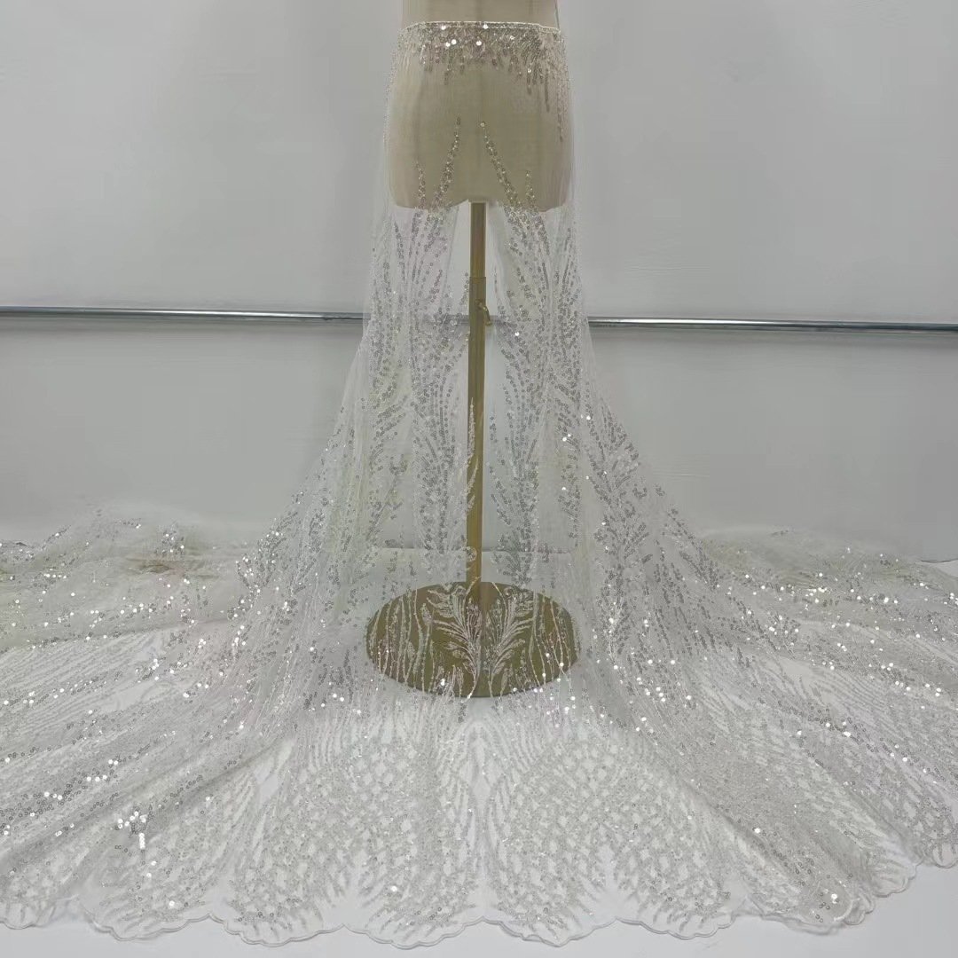 White Wedding Mesh Bottom Sequin Embroidery Fabric Dance Dress Fashion Accessories Lace Fabric