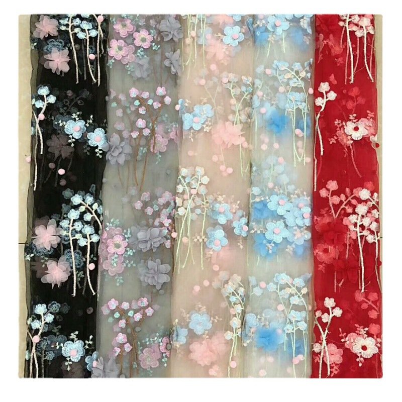 LS008 Hot Selling Mesh Embroidery Lace Fabric 150cm Lace Flower Embroidery Fabric For Clothing Wedding Dress