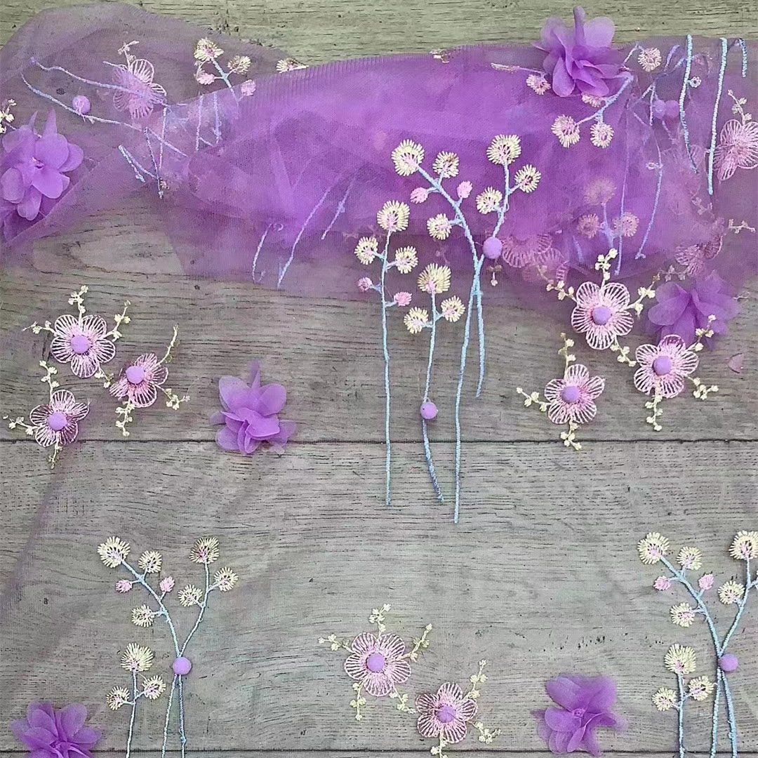 LS008 Hot Selling Mesh Embroidery Lace Fabric 150cm Lace Flower Embroidery Fabric For Clothing Wedding Dress