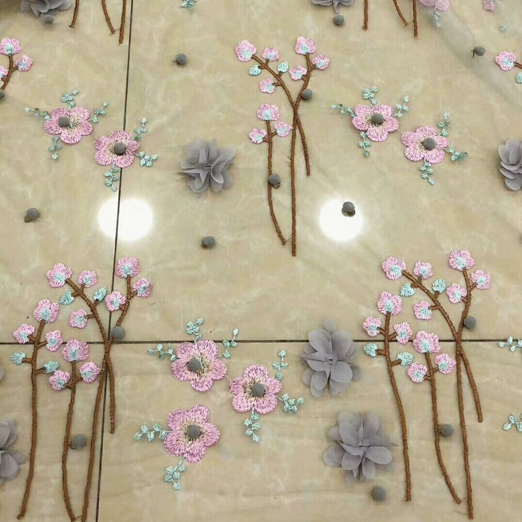 LS008 Hot Selling Mesh Embroidery Lace Fabric 150cm Lace Flower Embroidery Fabric For Clothing Wedding Dress