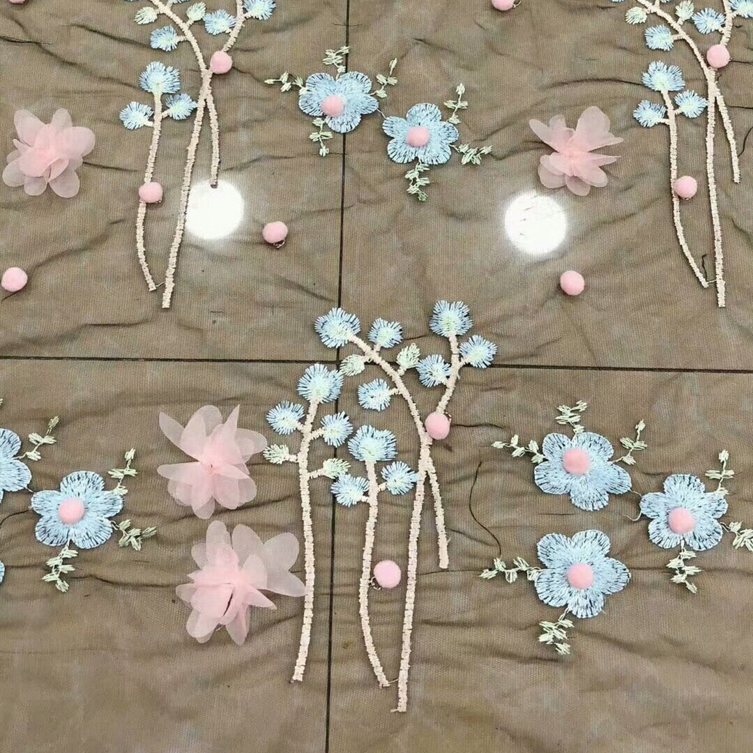 LS008 Hot Selling Mesh Embroidery Lace Fabric 150cm Lace Flower Embroidery Fabric For Clothing Wedding Dress