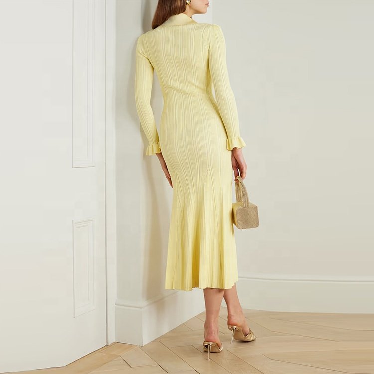 Knitwear Manufacturer Custom Spring Autumn Yellow Polo Neck Long Sleeve Single Breasted Rib Knit Women Sweater Dress
