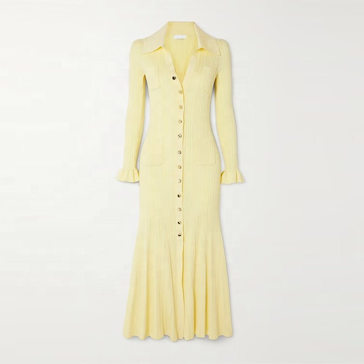 Knitwear Manufacturer Custom Spring Autumn Yellow Polo Neck Long Sleeve Single Breasted Rib Knit Women Sweater Dress