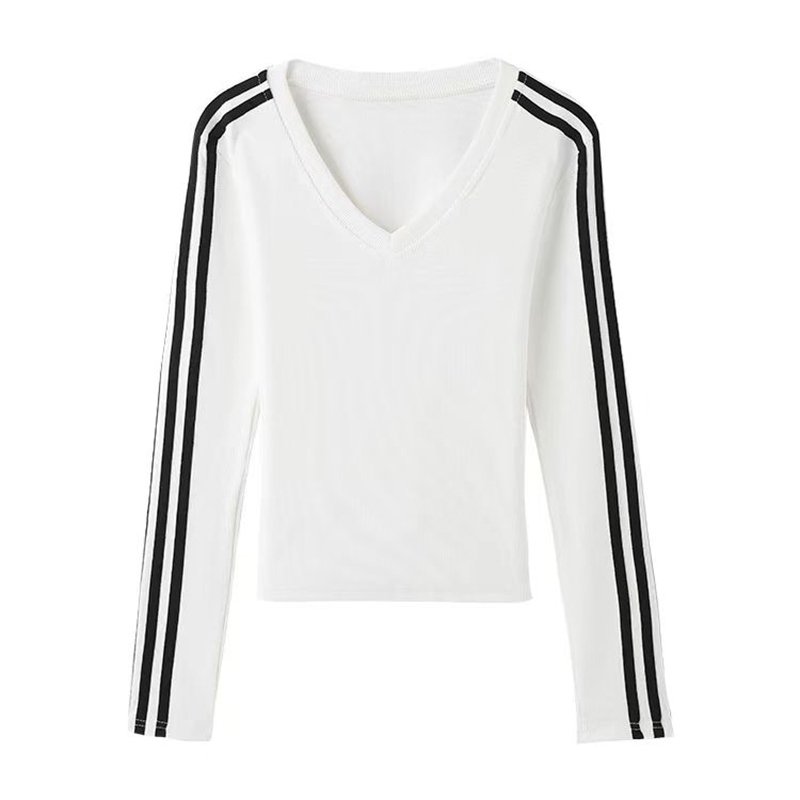 RUICHI 220gsm 92% Cotton 8% Spandex Custom Logo V-neck three stripes long sleeve T-shirt for Women