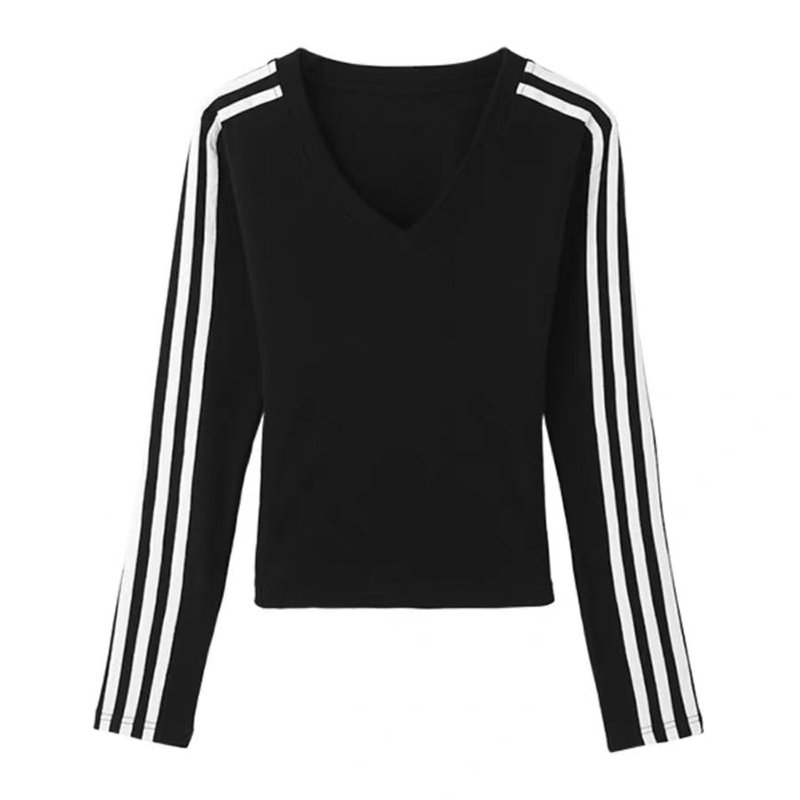 RUICHI 220gsm 92% Cotton 8% Spandex Custom Logo V-neck three stripes long sleeve T-shirt for Women