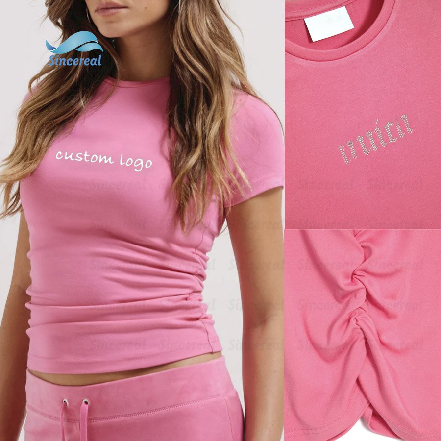 Custom Rhinestone Logo cotton Crop baby tee y2k girl slim fit Hot pink jersey diamanté ruched tee basic Crop Top tshirt women
