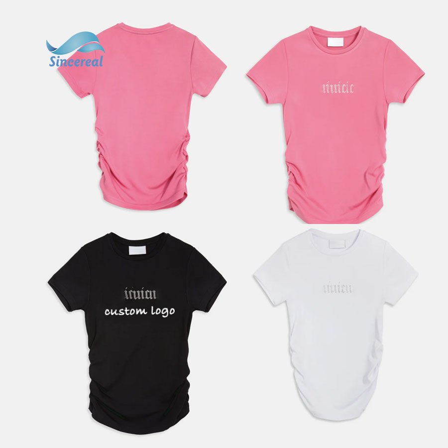 Custom Rhinestone Logo cotton Crop baby tee y2k girl slim fit Hot pink jersey diamanté ruched tee basic Crop Top tshirt women