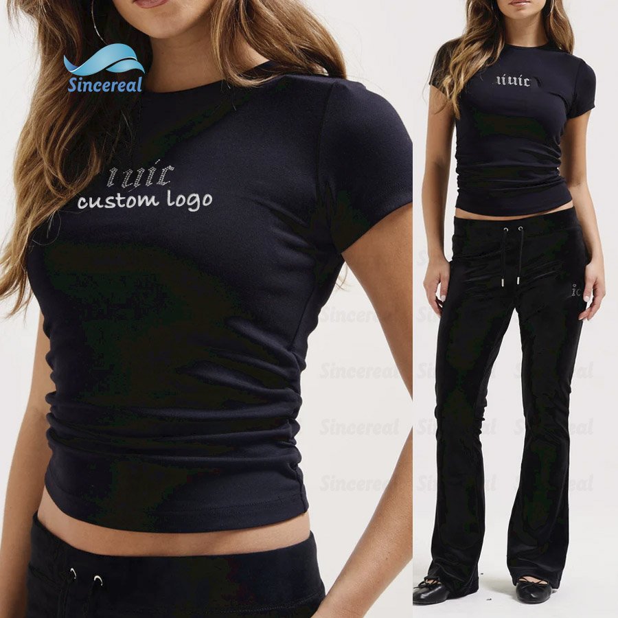 Custom Rhinestone Logo cotton Crop baby tee y2k girl slim fit Hot pink jersey diamanté ruched tee basic Crop Top tshirt women