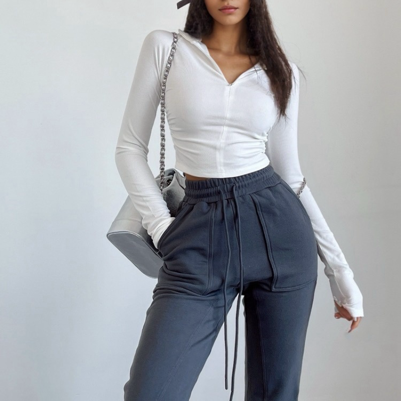 Fashionable Solid Color Zipper Blouses Simple Ribbed Knitted Long Sleeve Crop Tops for Summer Casual Jersey Clothing T-Shirt