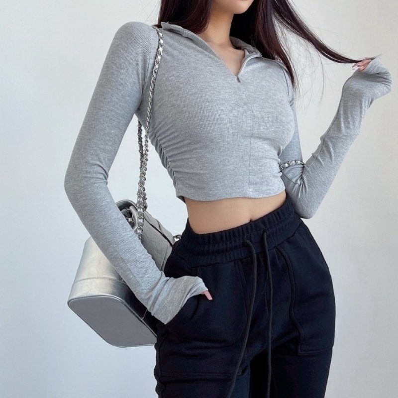 Fashionable Solid Color Zipper Blouses Simple Ribbed Knitted Long Sleeve Crop Tops for Summer Casual Jersey Clothing T-Shirt