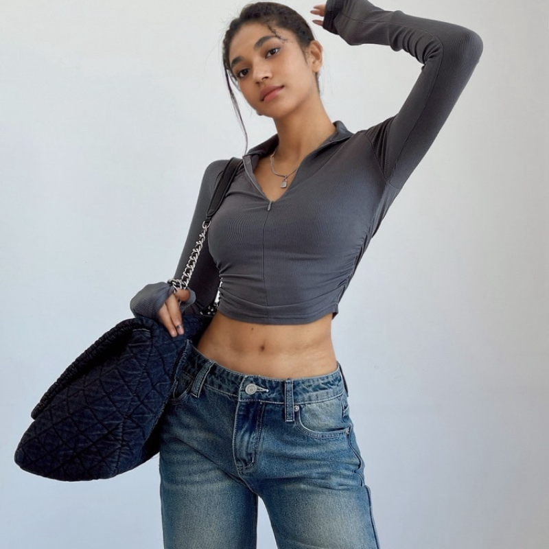 Fashionable Solid Color Zipper Blouses Simple Ribbed Knitted Long Sleeve Crop Tops for Summer Casual Jersey Clothing T-Shirt