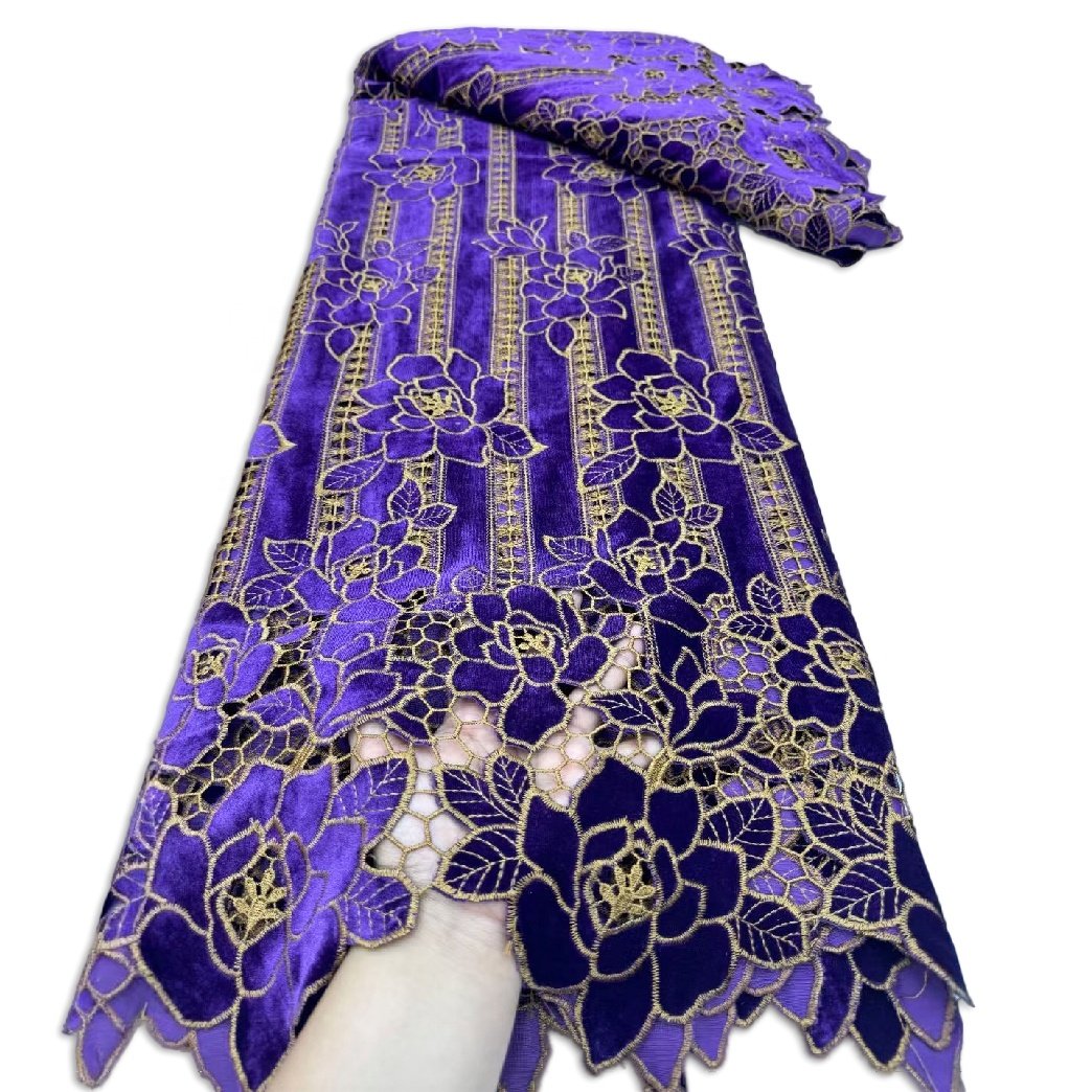Latest African style velvet fabric hollowed out plush flower embroidery fabric Eyelet Nigerian Fabric for winter dress