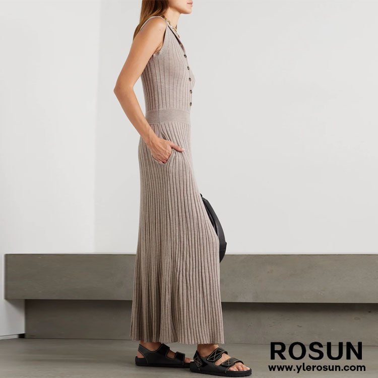 Button fastenings along front ribbed wool low waistband maxi dress knitted sweater dress